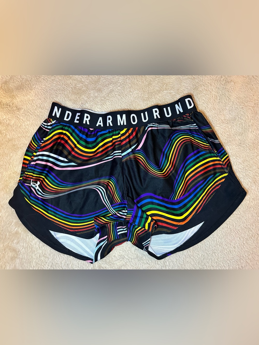 Under Armour Black Athletic Shorts with Multicolor Wavy Stripes